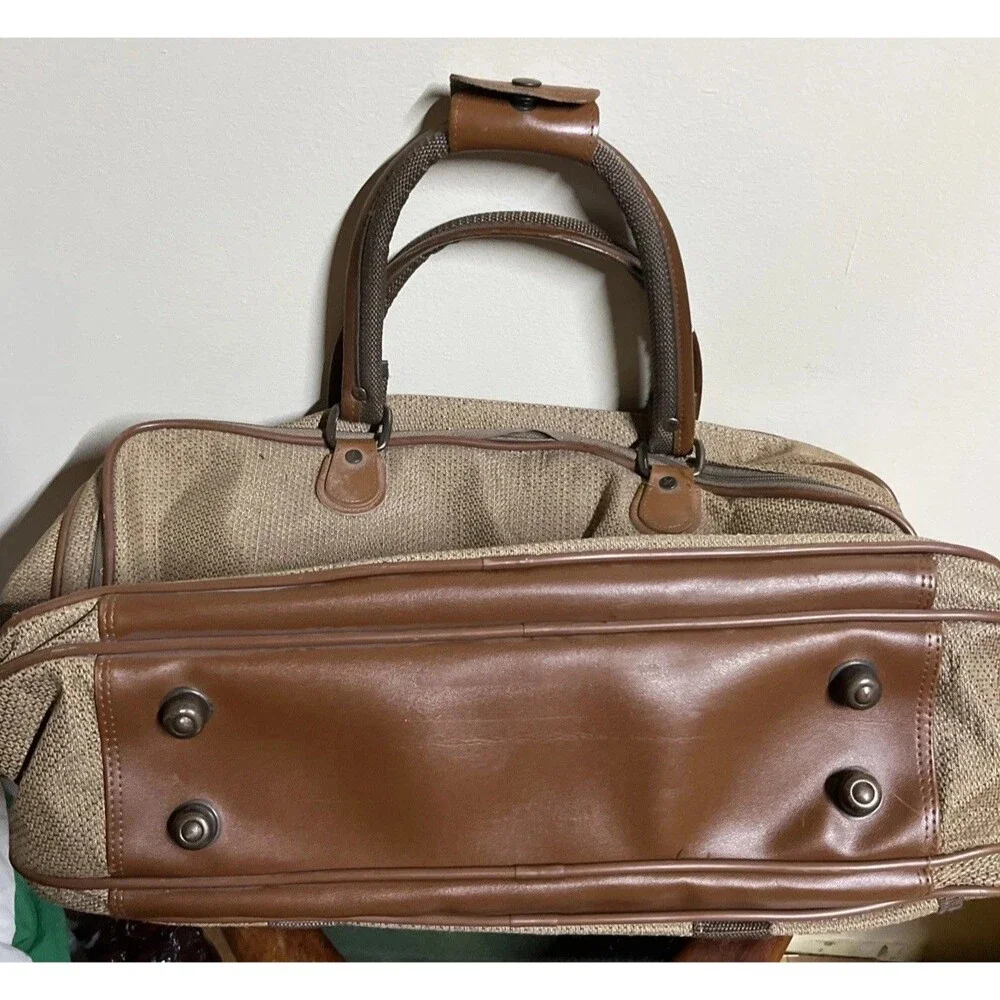 Iconic Pierre Cardin Travel Gym Bag 4 zip Suitcase Brown Tweed Luggage Tag